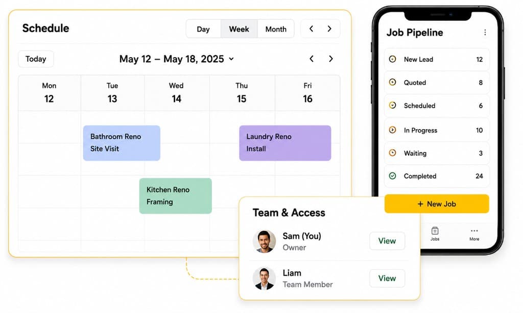 Schedule calendar, job pipeline on mobile, and team access