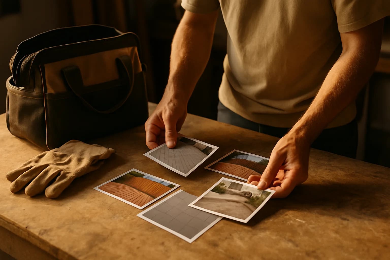 Tradesperson sorting prints of completed jobs beside tools on a workshop bench