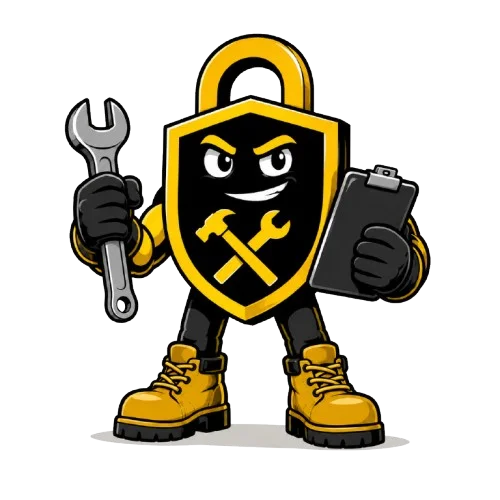 StitchedUp shield mascot holding a wrench and phone